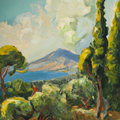 Mount Etna and Sicilian Garden as Oil Painting