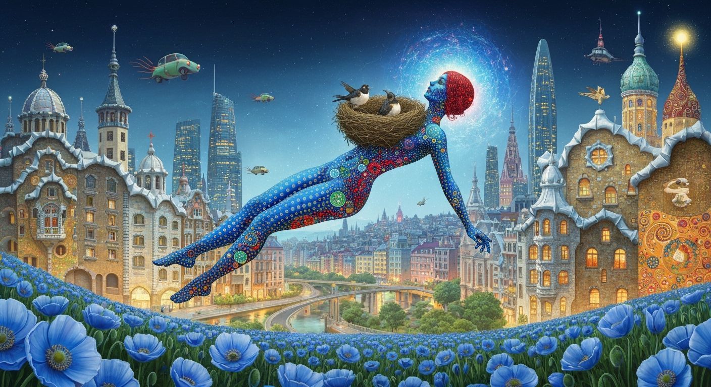 Woman Floating in Poppy Field: Art Nouveau Style