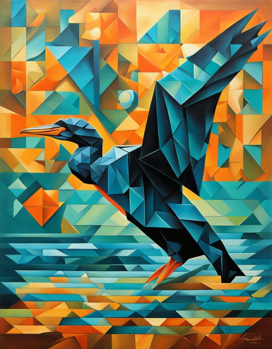 Cormorant Diving: Cubist Origami Surreal Abstract Painting
