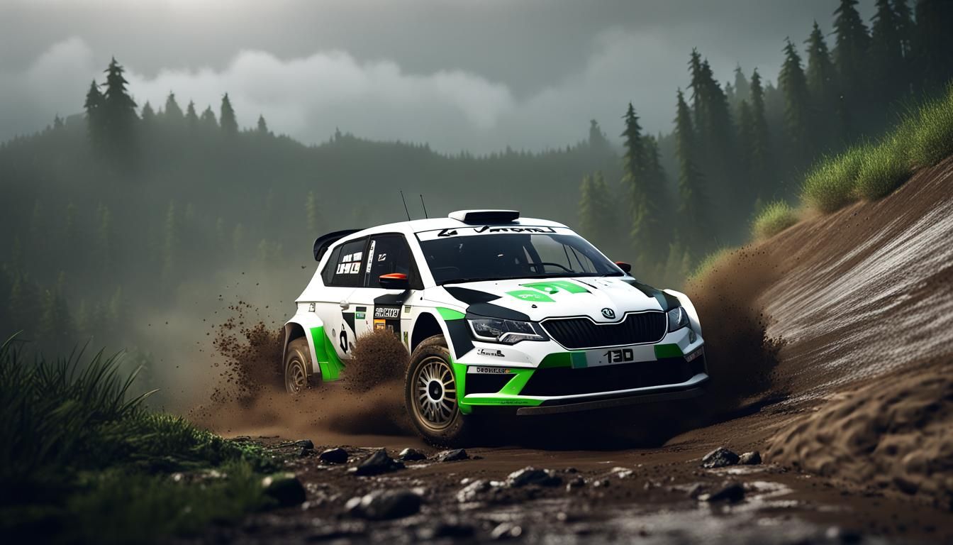 Škoda Fabia R5 Rally Car Jumps Hill in Rain