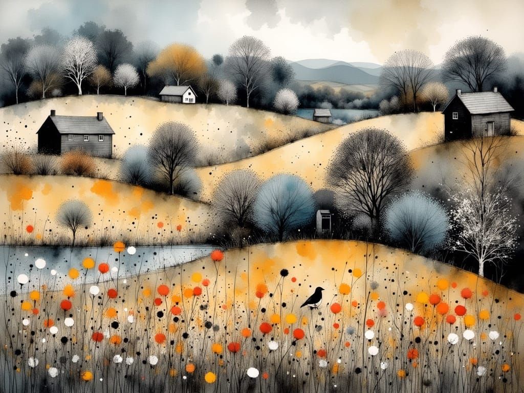 Whimsical Gingham Landscape in Moody Charcoal Tones