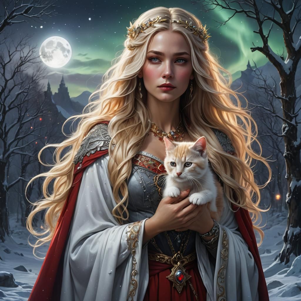 Goddess with Kitten Under Aurora: Digital Matte Painting