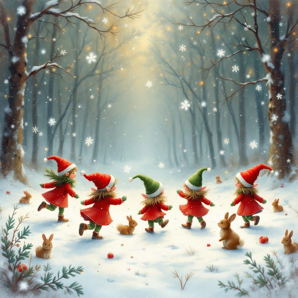 Enchanting Christmas Elves in Impressionist Winter Forest