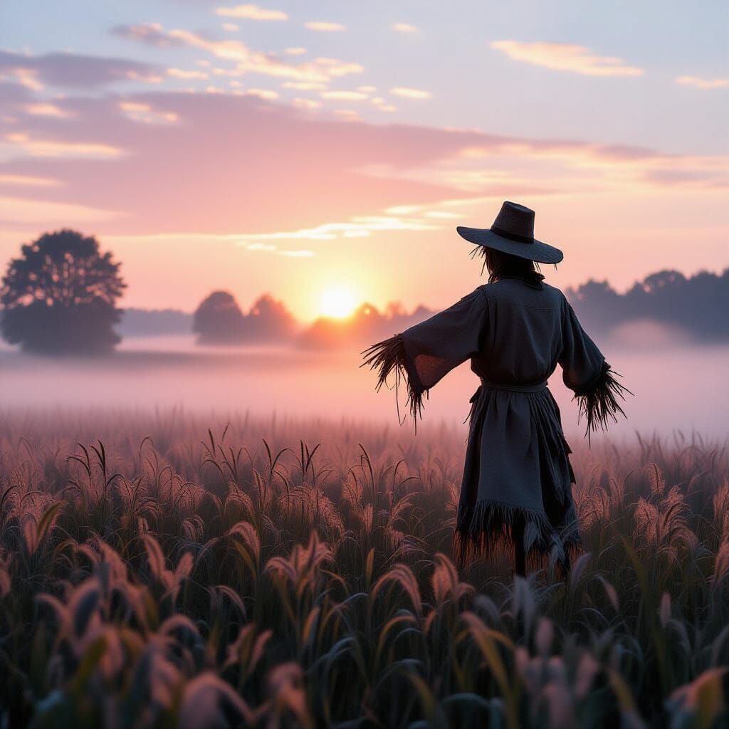 Lone Scarecrow in Misty Dawn Field, Realistic Matte Painting