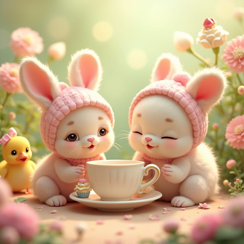Whimsical Baby Animal Gathering in a Vibrant Garden Scene, i...