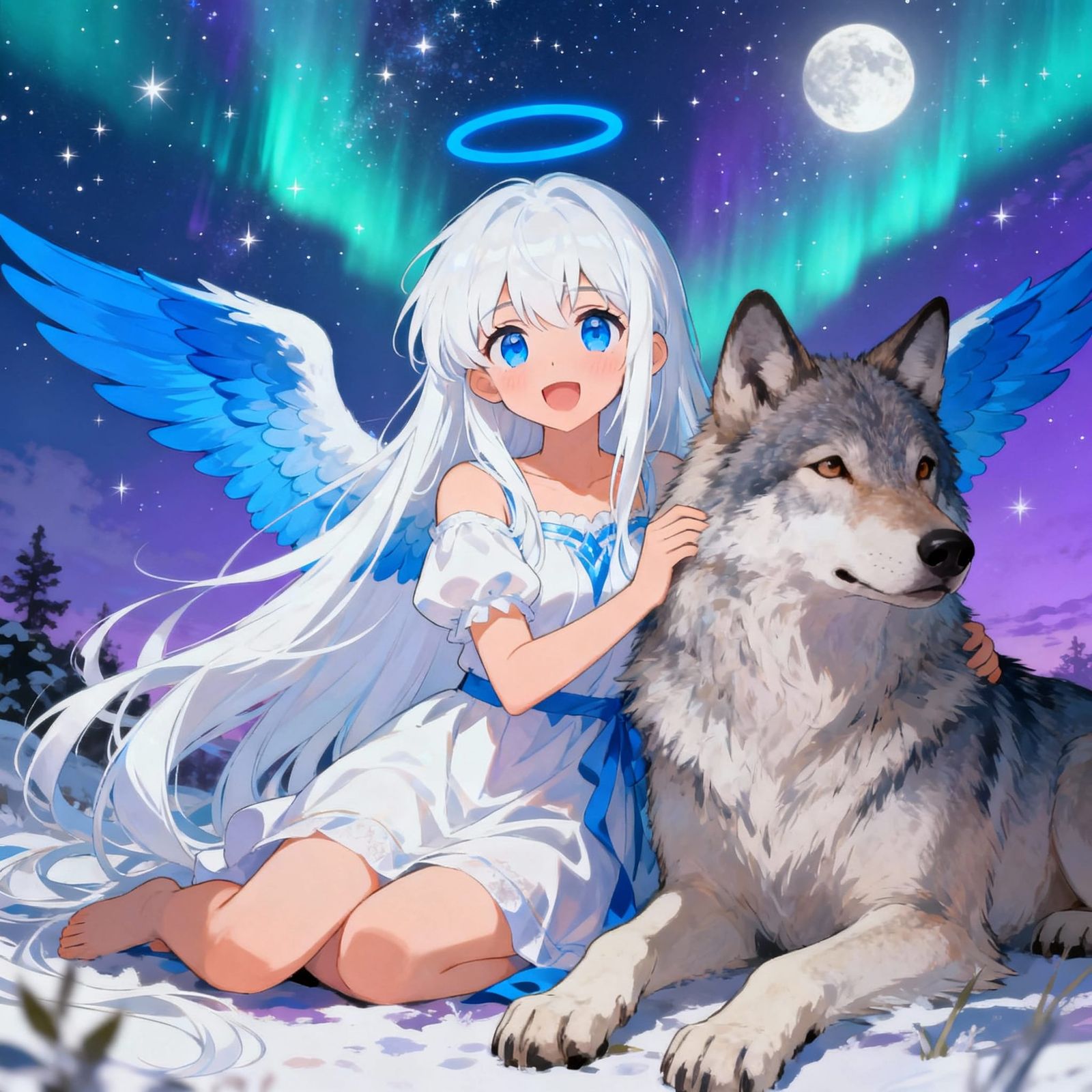 Angel and Wolf Under Northern Lights