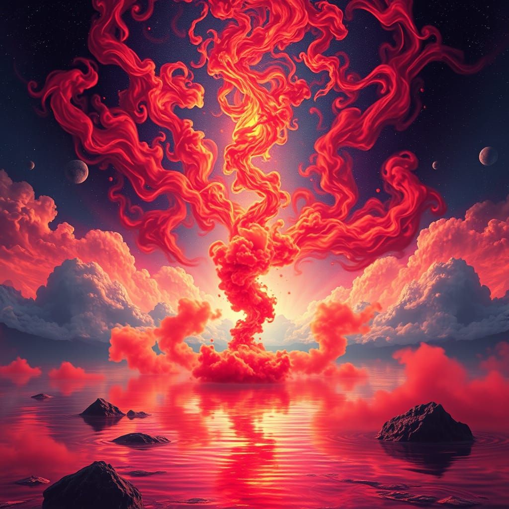 Cosmic Red Flames Reflect in Ethereal Waters