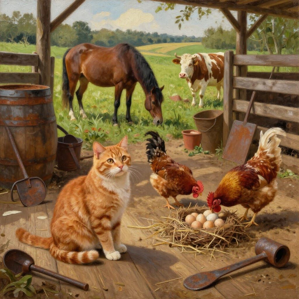 Impasto Oil Painting of a Lively Farmyard Scene