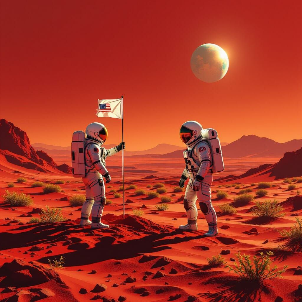 Astronaut Plants Flag on Terraformed Mars, Earth Distant