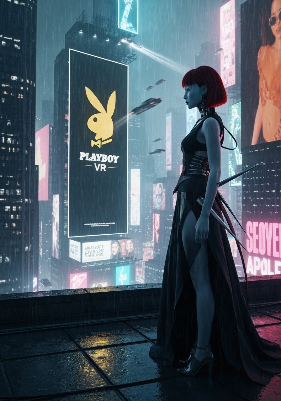 Melancholic Android in Neon Cyberpunk Cityscape