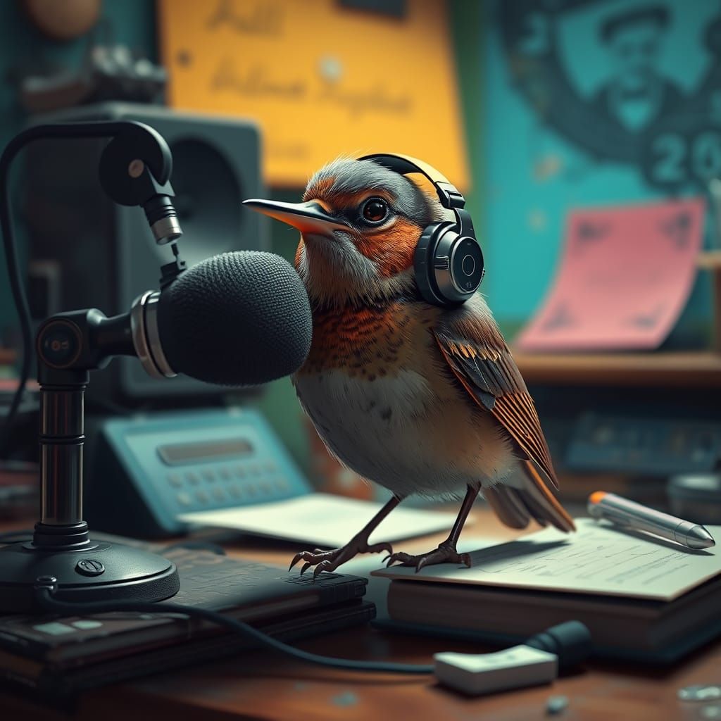 Songbird Chirping into Microphone on Cluttered Desk