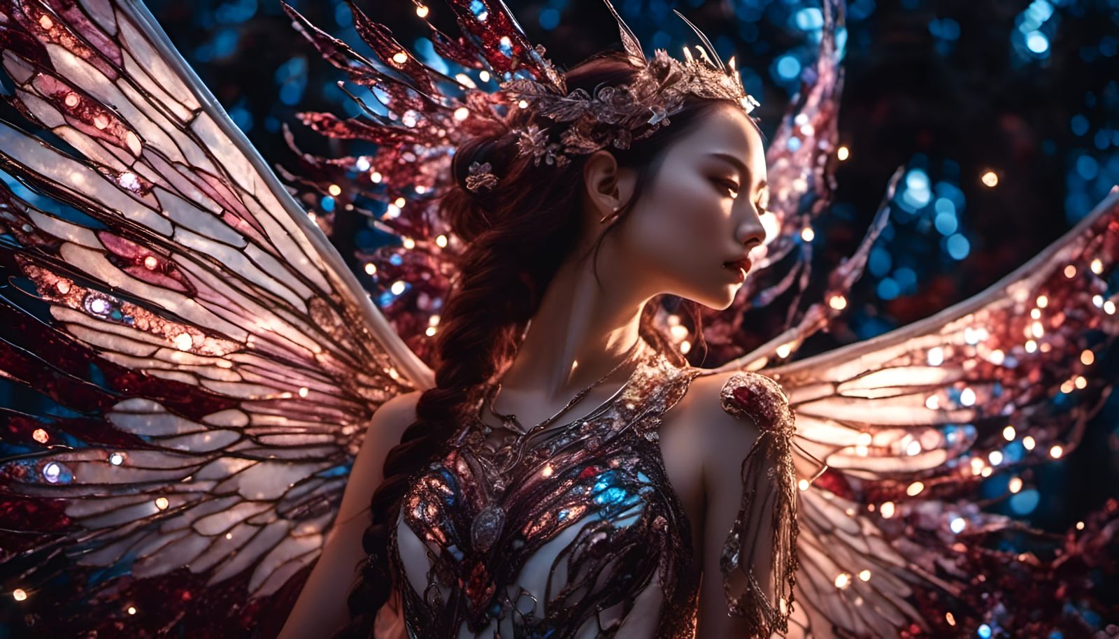 Stained Glass Fairy Warrior in Maroon