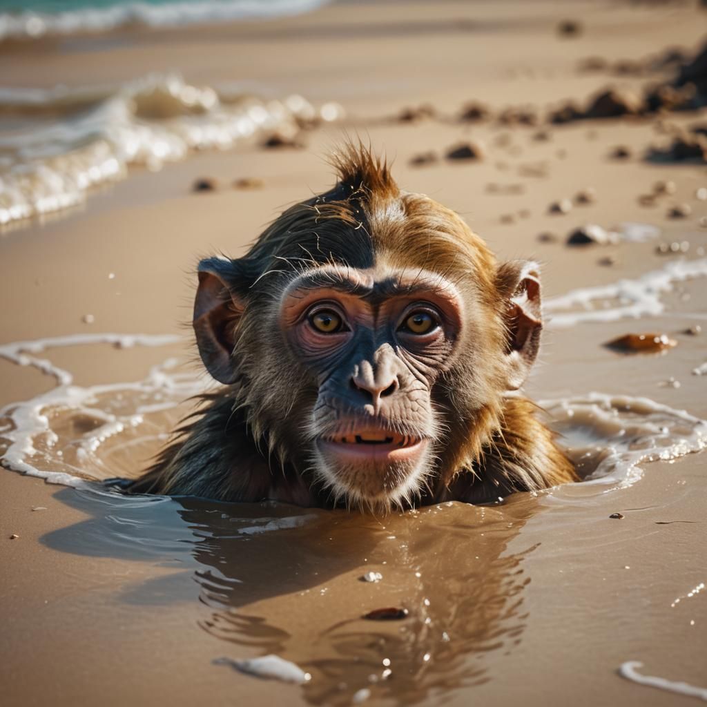 Hyperrealistic Monkey Portrait on Tropical Beach