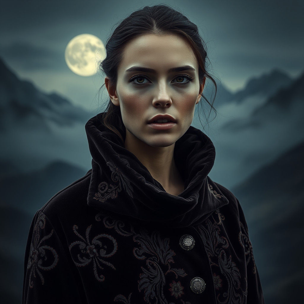 Enigmatic Woman in Velvet Coat, Hyperrealistic Detail