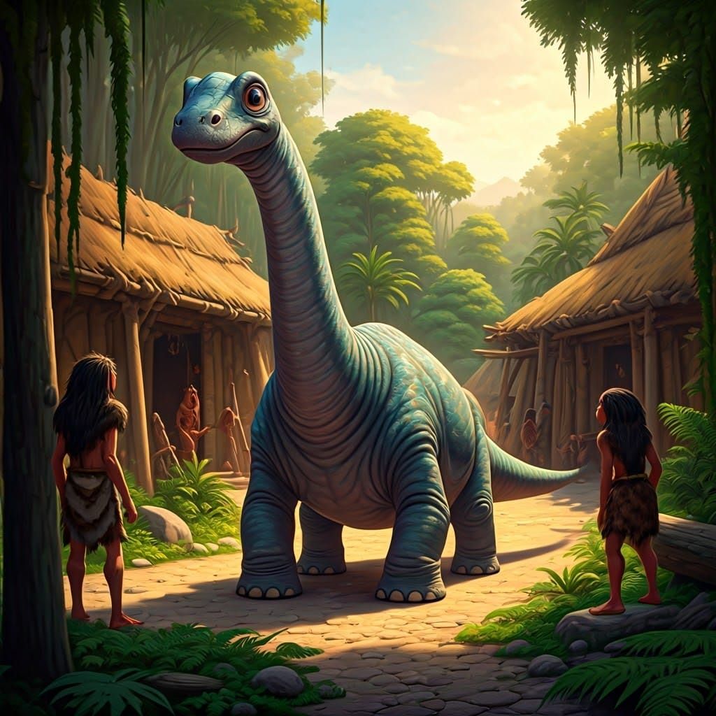 Chibi Brontosaurus Exploring Prehistoric Village in Dreamlik...