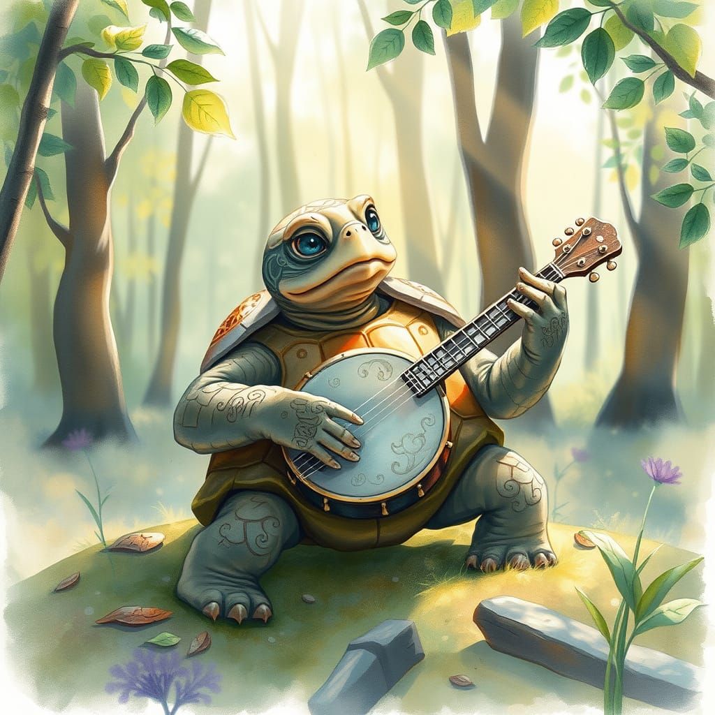 Turtle Playing Banjo in Forest, Watercolor Art