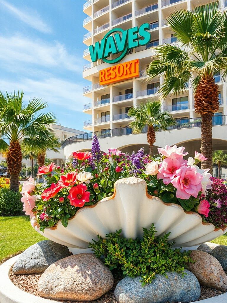 Seaside Hotel Garden with Sea Holly in Watercolor