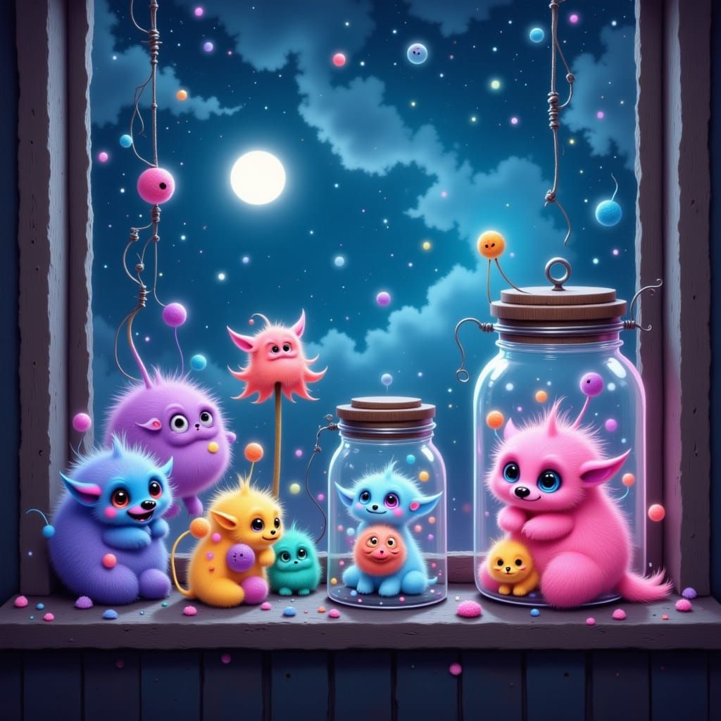 Pastel Furry Monsters in Jars, Whimsical 3D Render