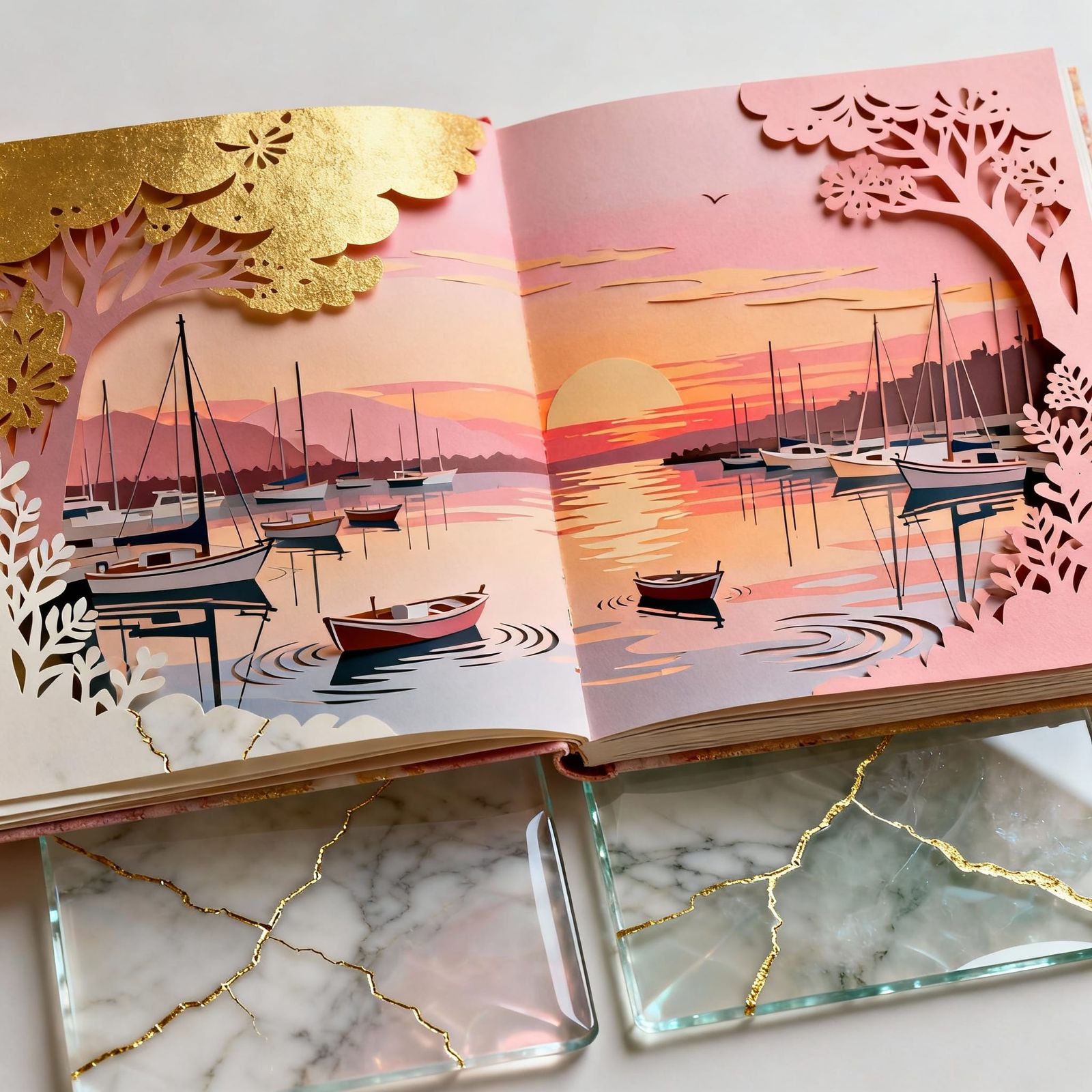 Whimsical Paper Cut Marina at Sunset with Kintsugi