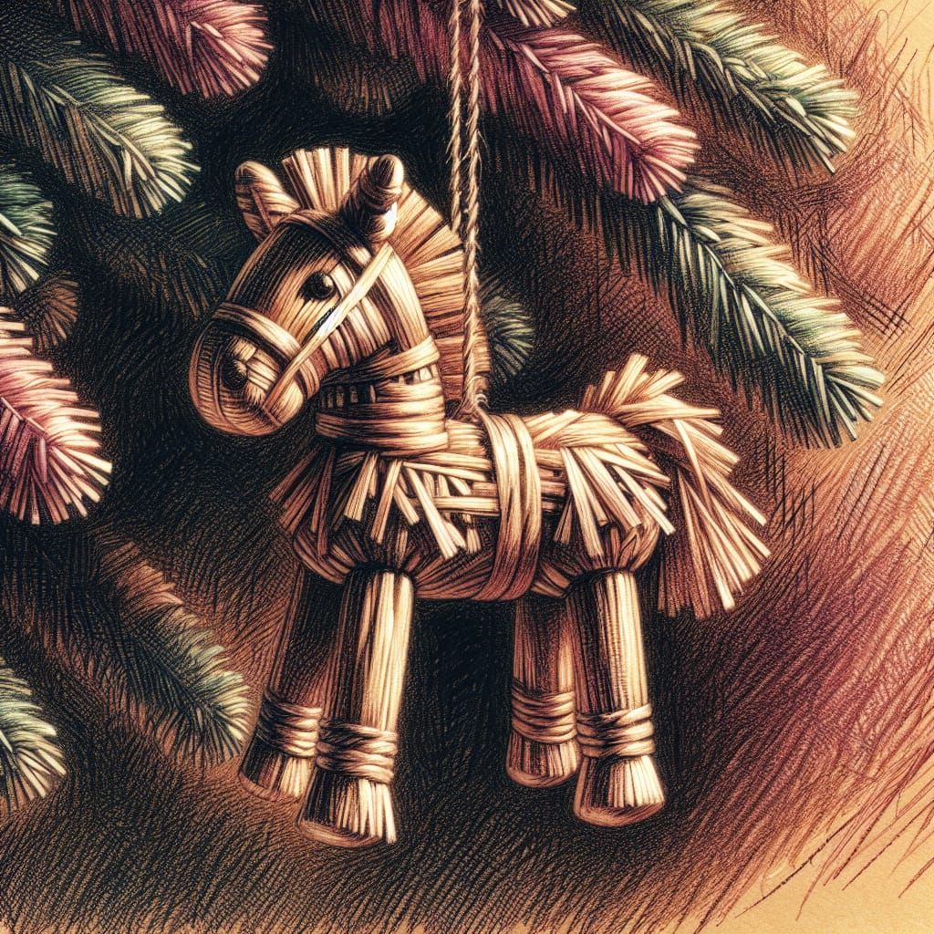 Whimsical Christmas Straw Toy Horse Illustration in Oil Cray...