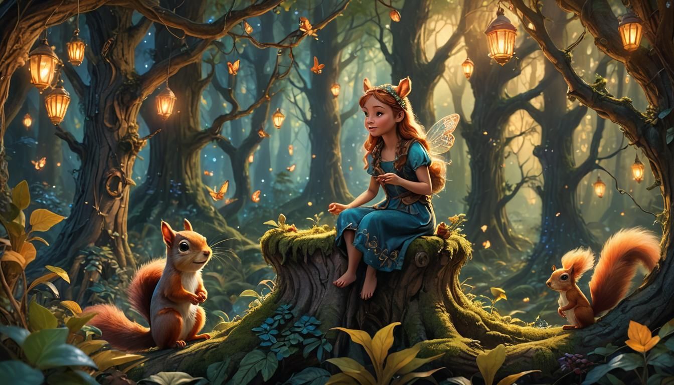 Enchanted Forest Fairy Talks to Girl and Squirrel