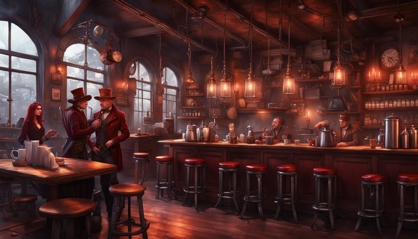 Steampunk Coffee Shop with Cowboy Hats: Fantasy Art