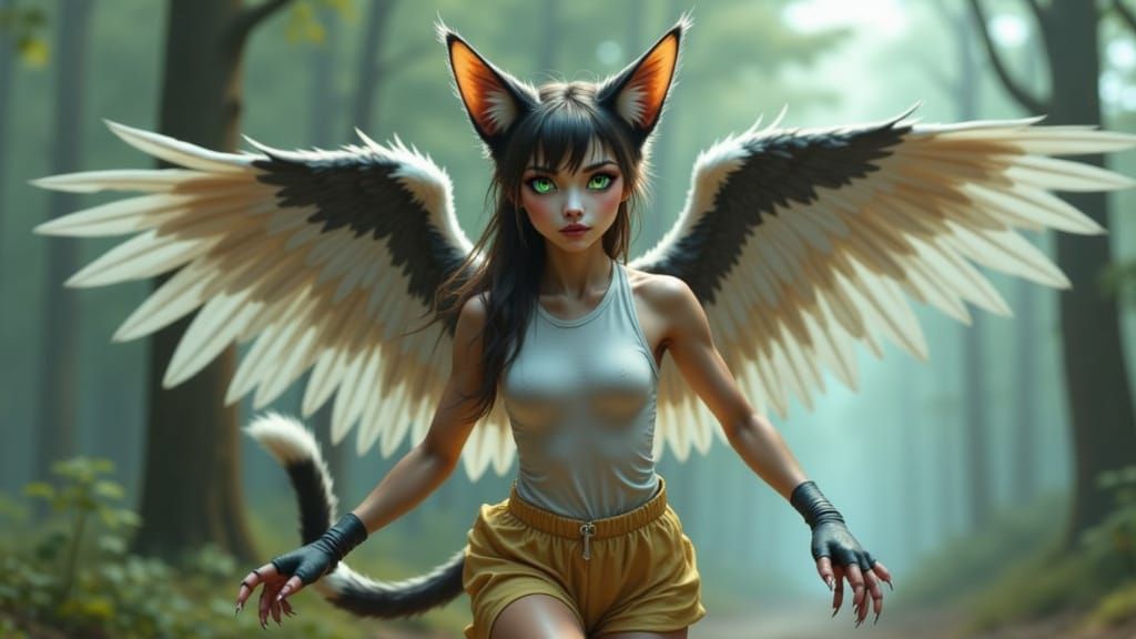 Anthropomorphic Feline Angel Plays with Ball at Bus Stop