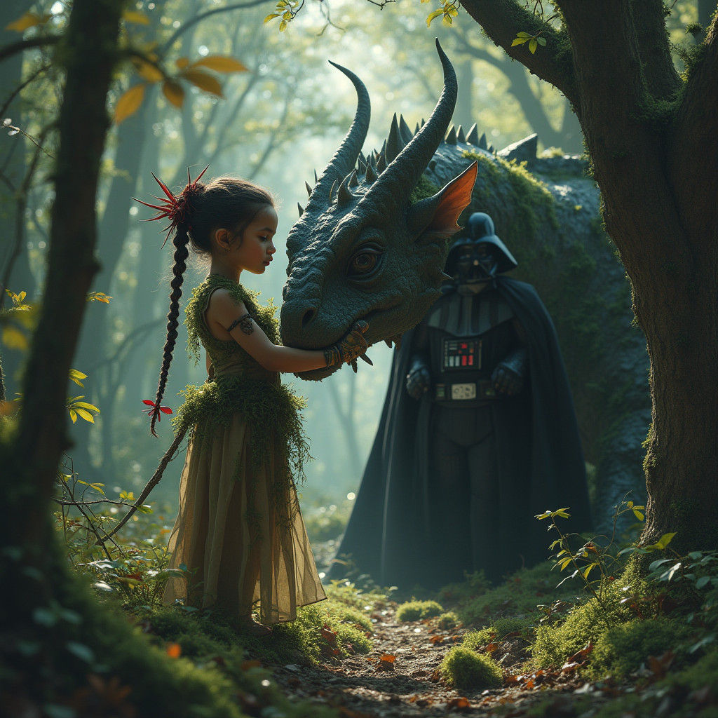 Tiefling Child and Eldritch Dragon in Hyperrealism