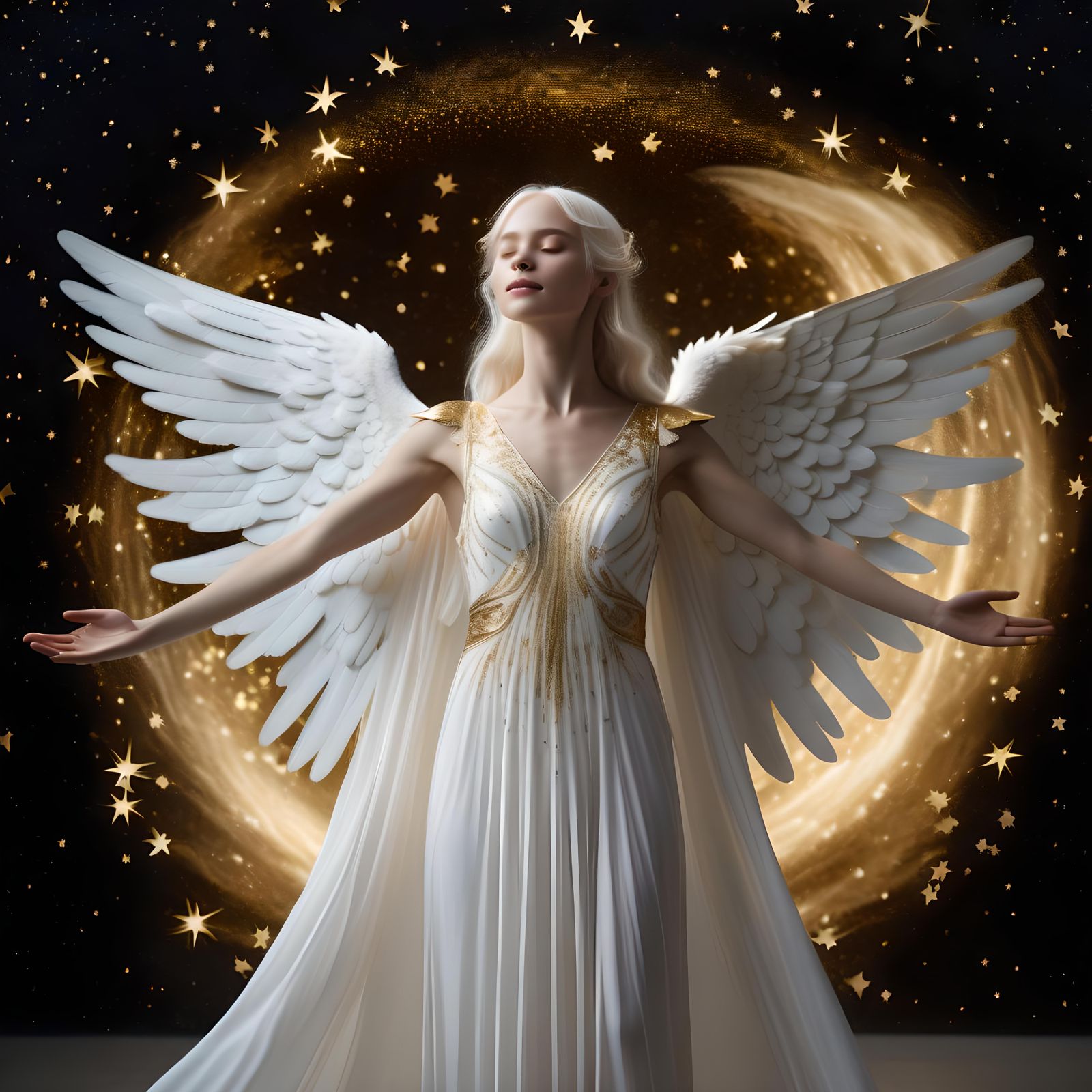(Celestial portrait:1.4) photo of an angelic woman, with flowing platinum blonde hair, wearing an ethereal white gown, (...