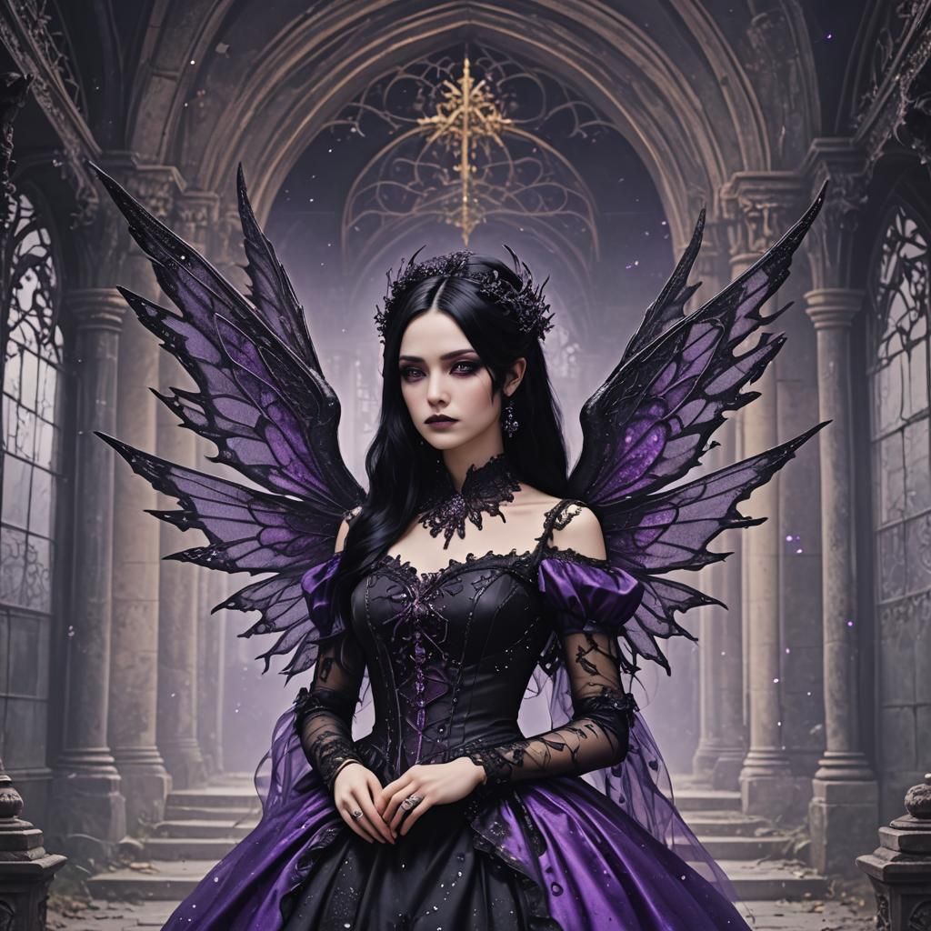 Gothic Dark Fairy with Purple Wings in Palace