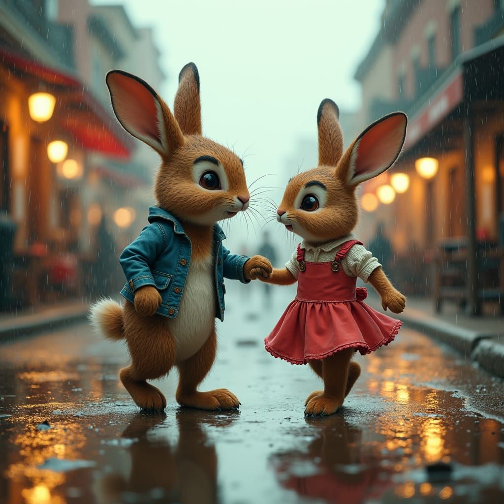 Rabbits Dancing in Wild West Rainstorm