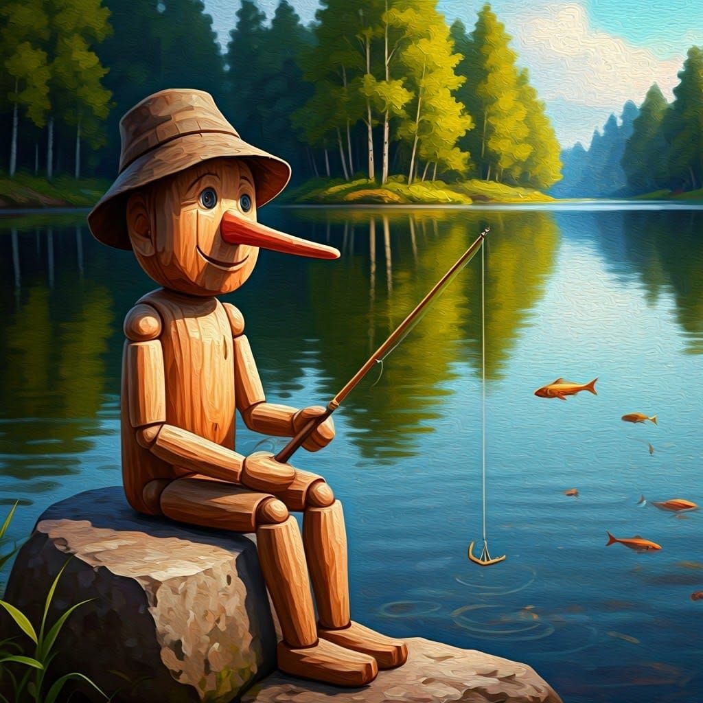 A wooden figure sits on a stone by a lake. The wooden nose i...