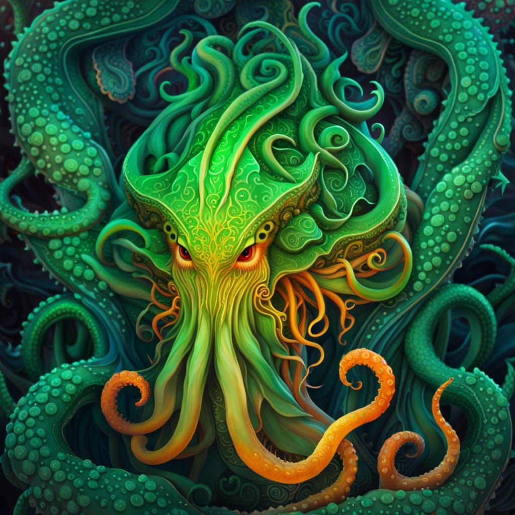Detailed Cthulhu Digital Painting in Orange and Green