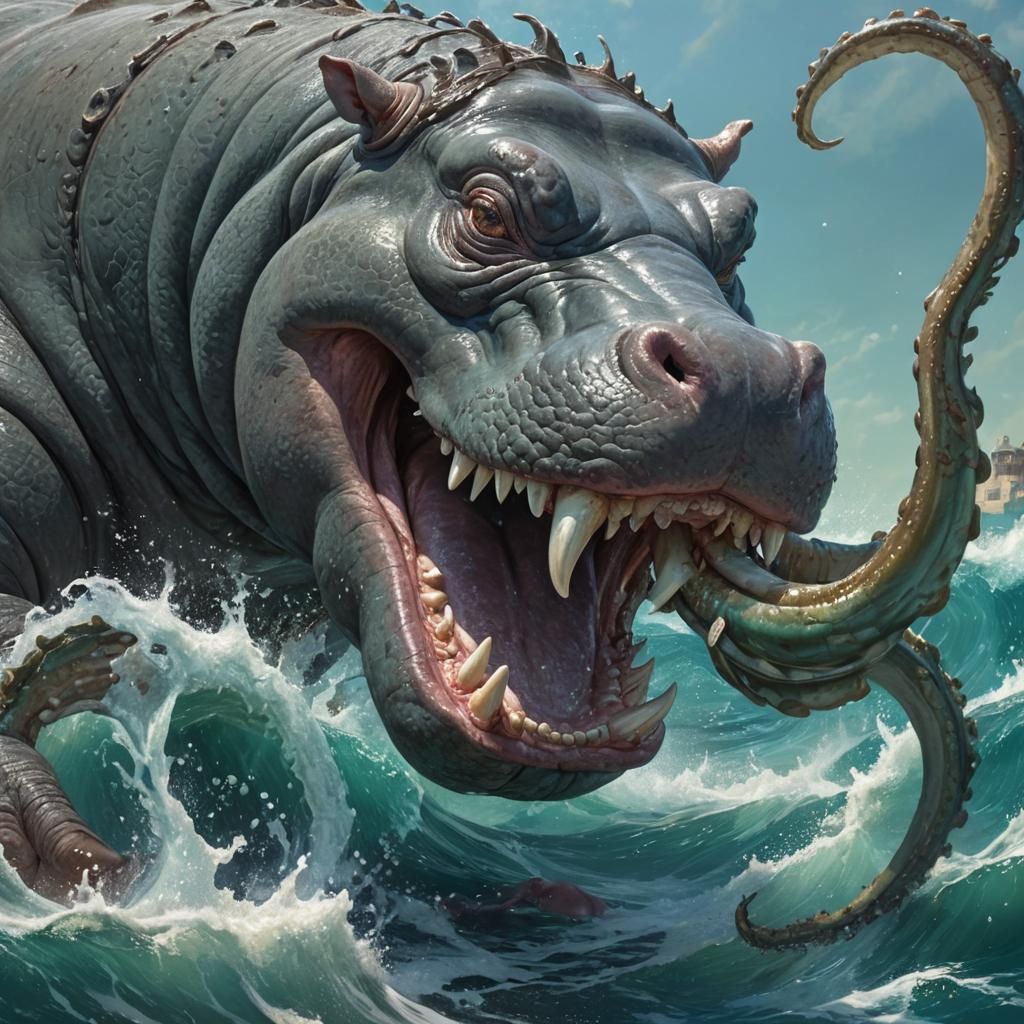Hippo Bites Kraken's Tentacle: Fantasy Illustration