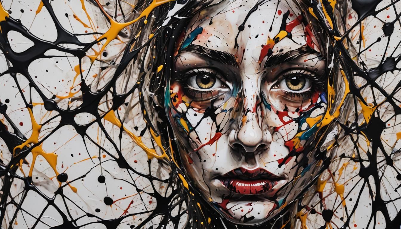 Face Emerging from Ink Splatters in Abstract Expressionism