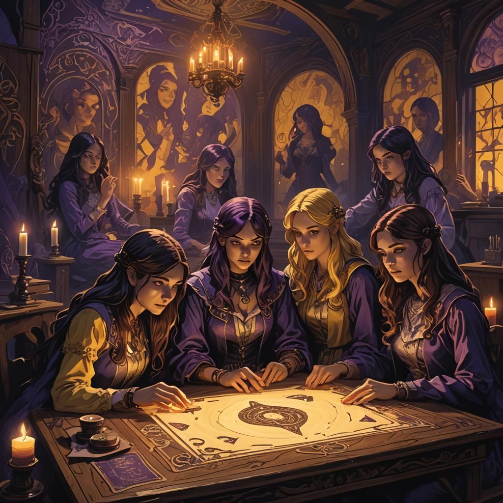 Girls playing woija board in high school at night