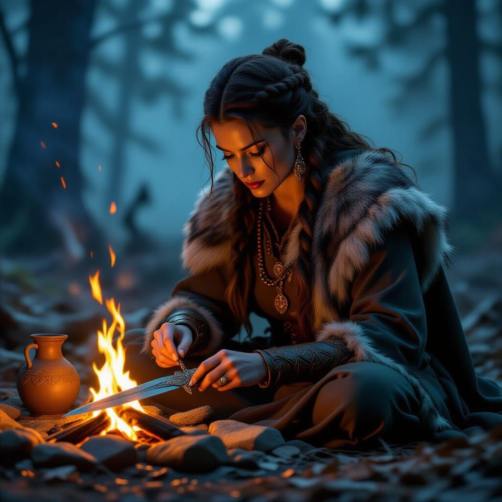 Celtic Woman Forges Bronze Dagger by Campfire