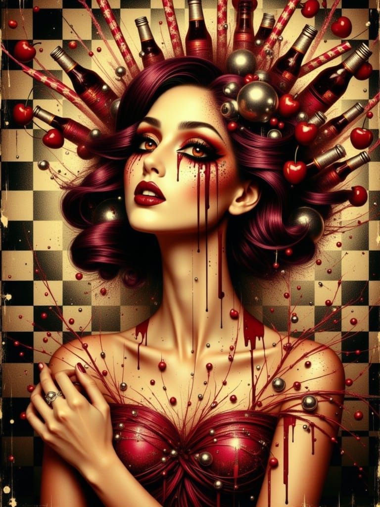 Surreal Cherry Cola Siren in Whimsical Nouveau Style