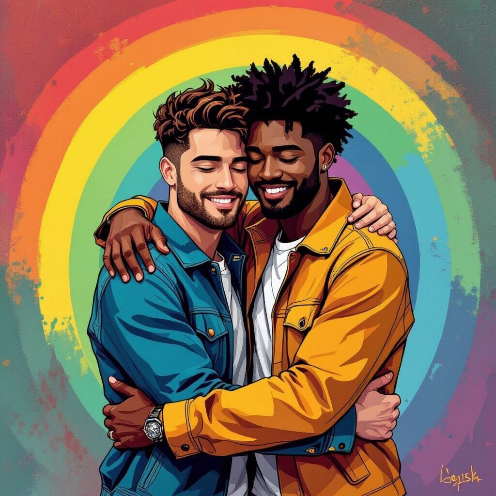 Men Embracing Against Rainbow Backdrop: Pop Art Style