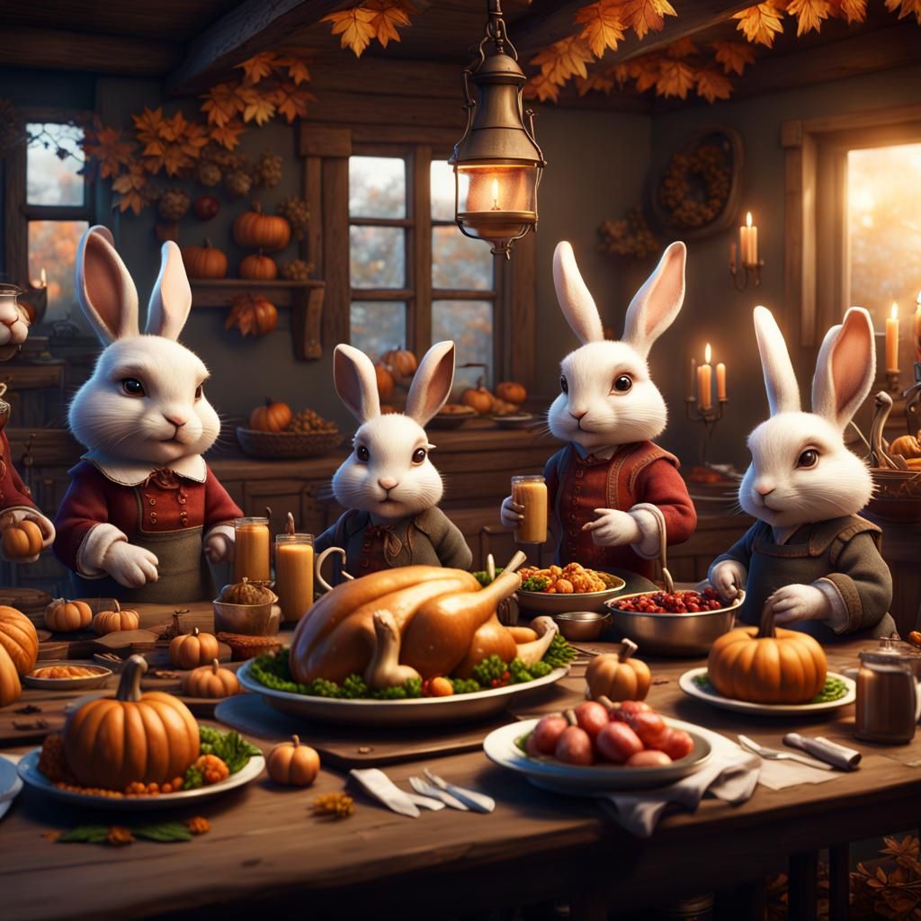 Bunnies Celebrate Thanksgiving: Detailed Matte Painting