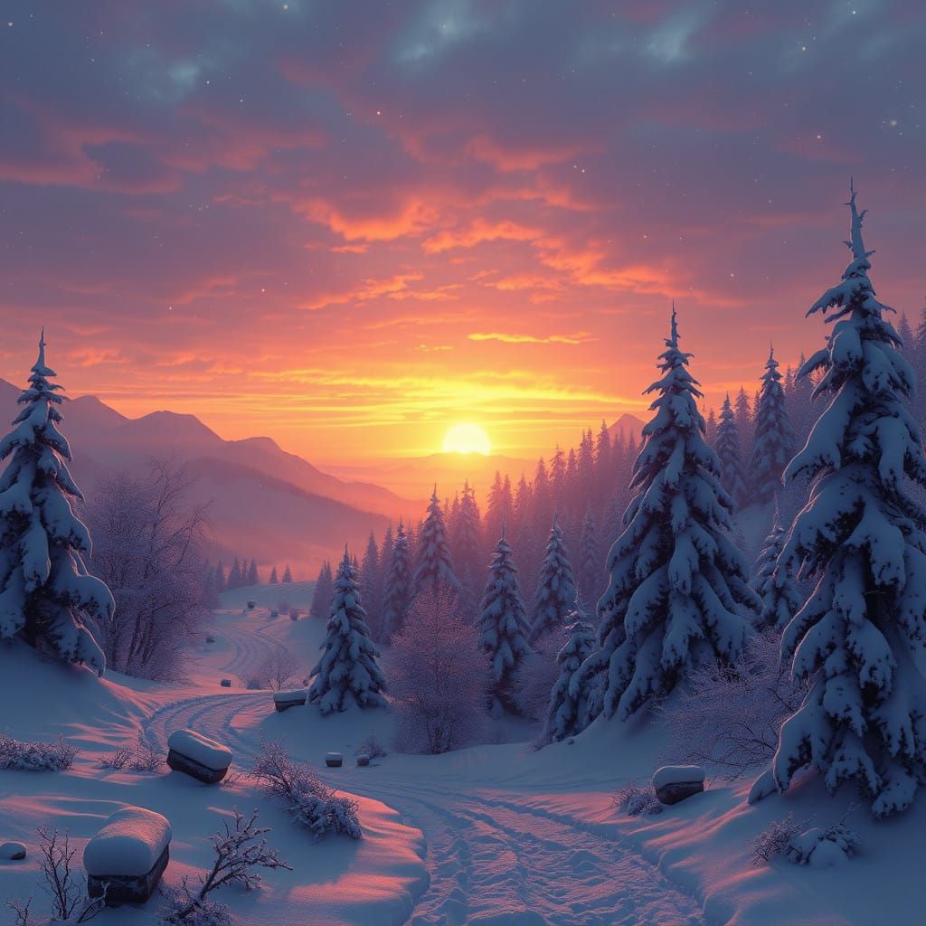 Mystical Winter Wonderland at Sunset in Dark Fantasy Style