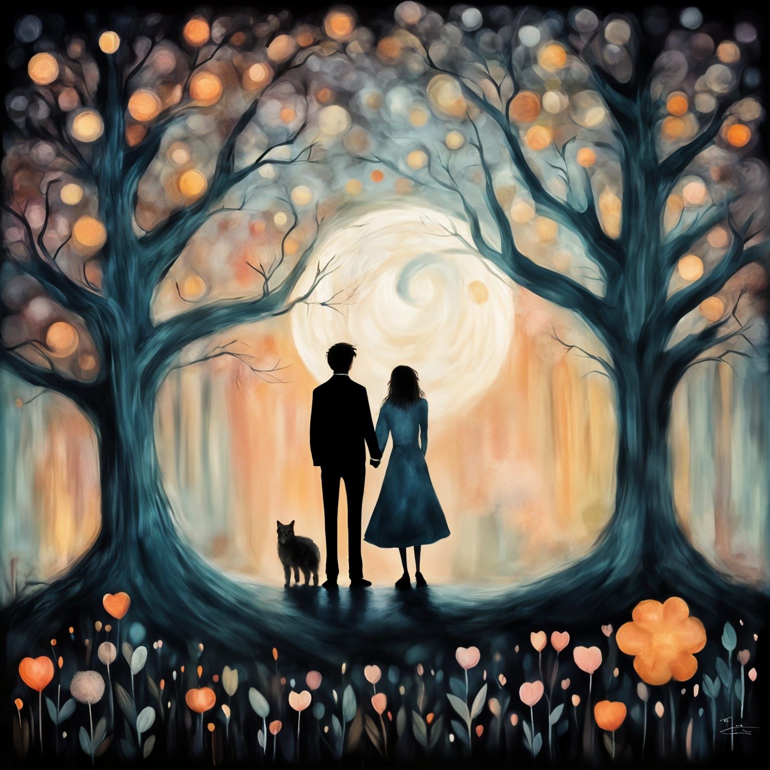 Lovers Reunited Under Moonlight: Impressionistic Scene