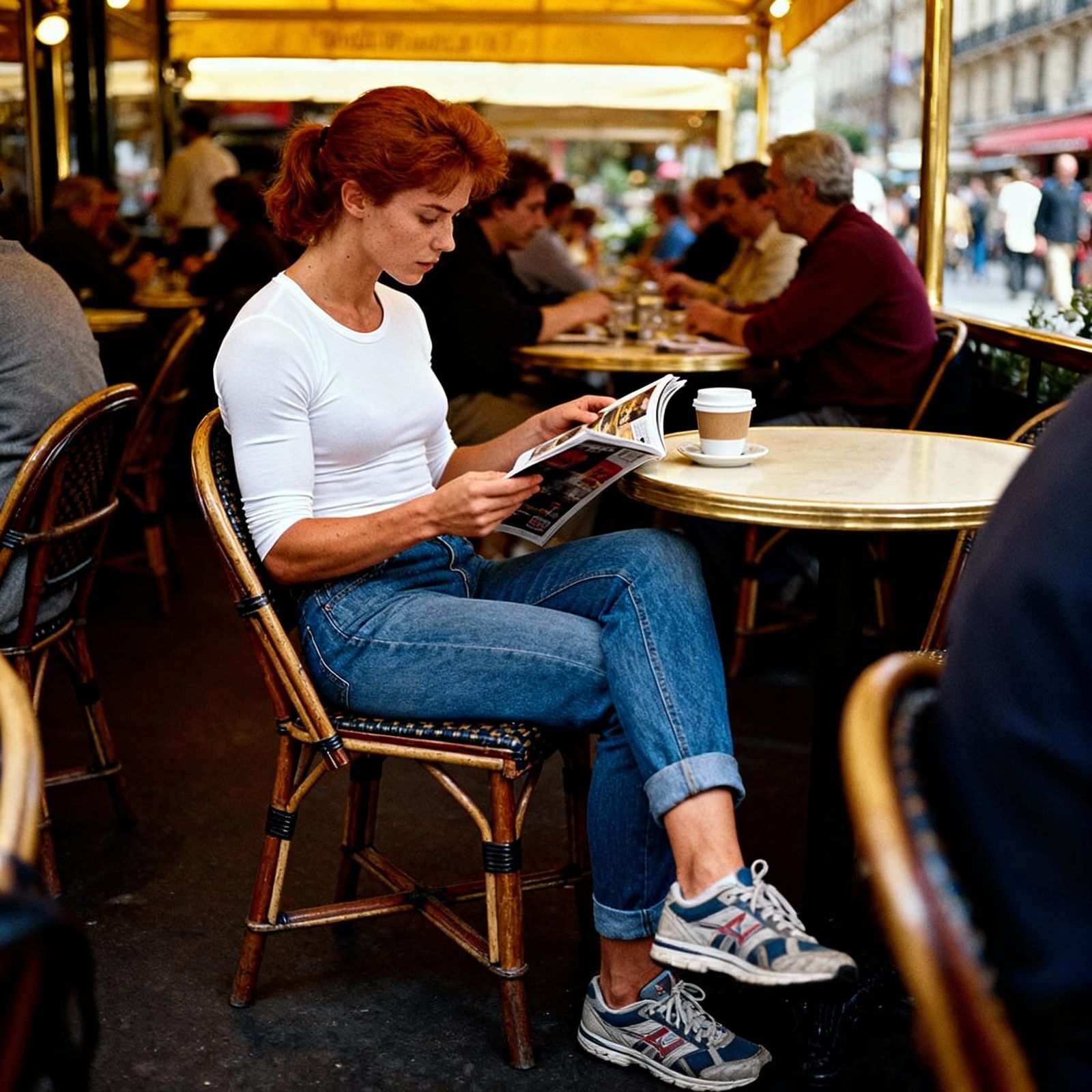 Woman Reading Magazine at Busy Cafe in Natural Light