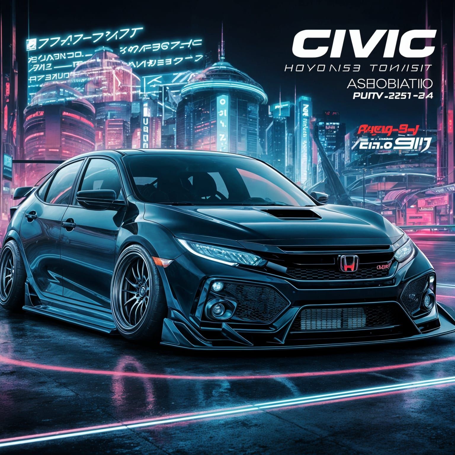 Modified Black Honda Civic in Anime Style