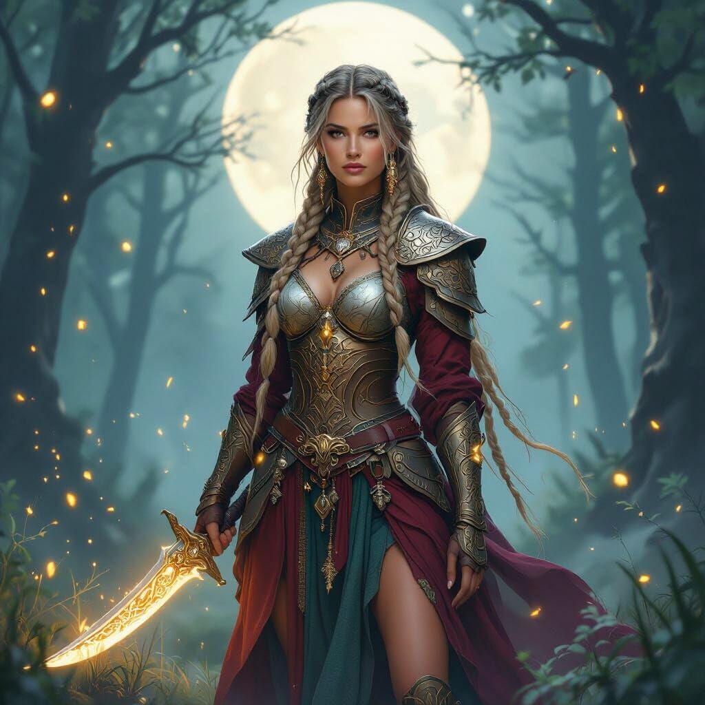Boho Fantasy Warrior in Moonlit Forest, Painterly Style