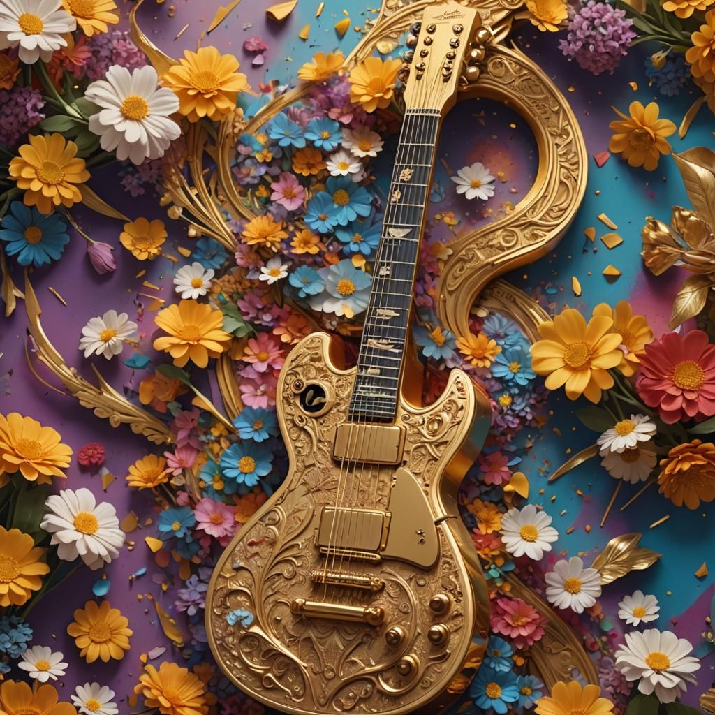 Golden Guitar Surrounded by Flowers in Vivid 3D