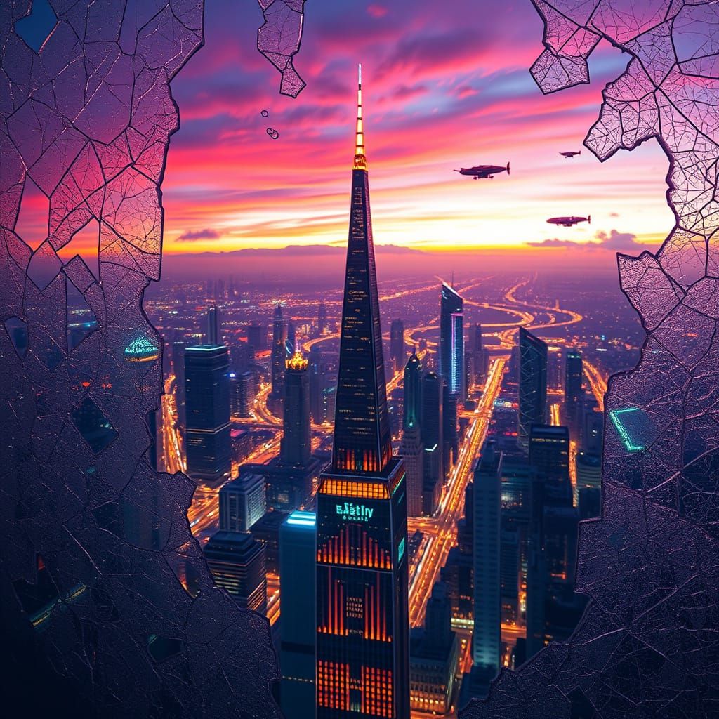 Futuristic Cityscape Through Frosty Glass Windowpane