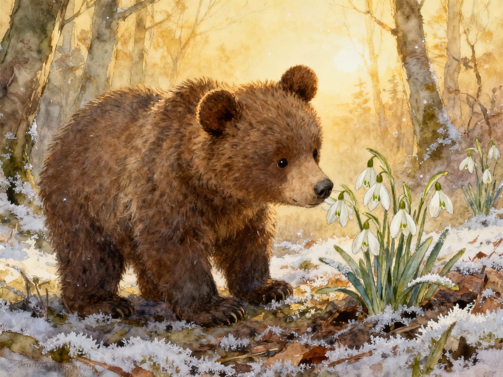Bear Cub Sniffing Snowdrops in Morning Light Painting