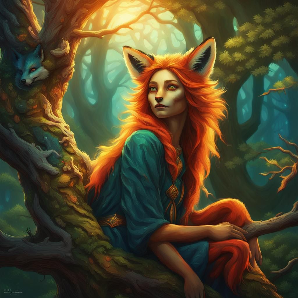 Fox-Faced Woman in Forest, Digital Fantasy Art