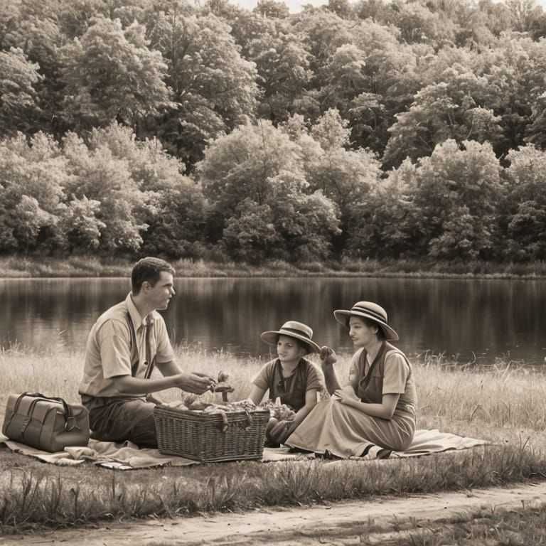 Sepia Picnic by the Lake on Summer Day